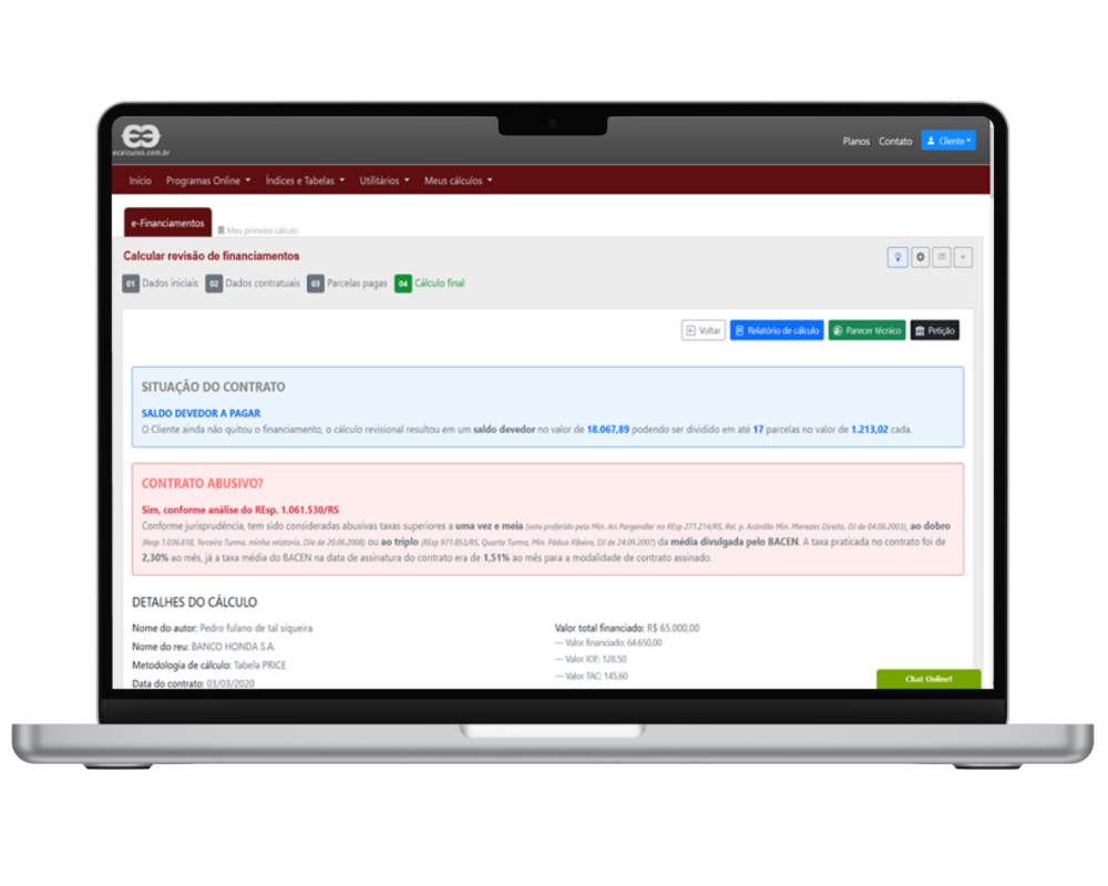 Resultado do rec�lculo das parcelas do financiamento